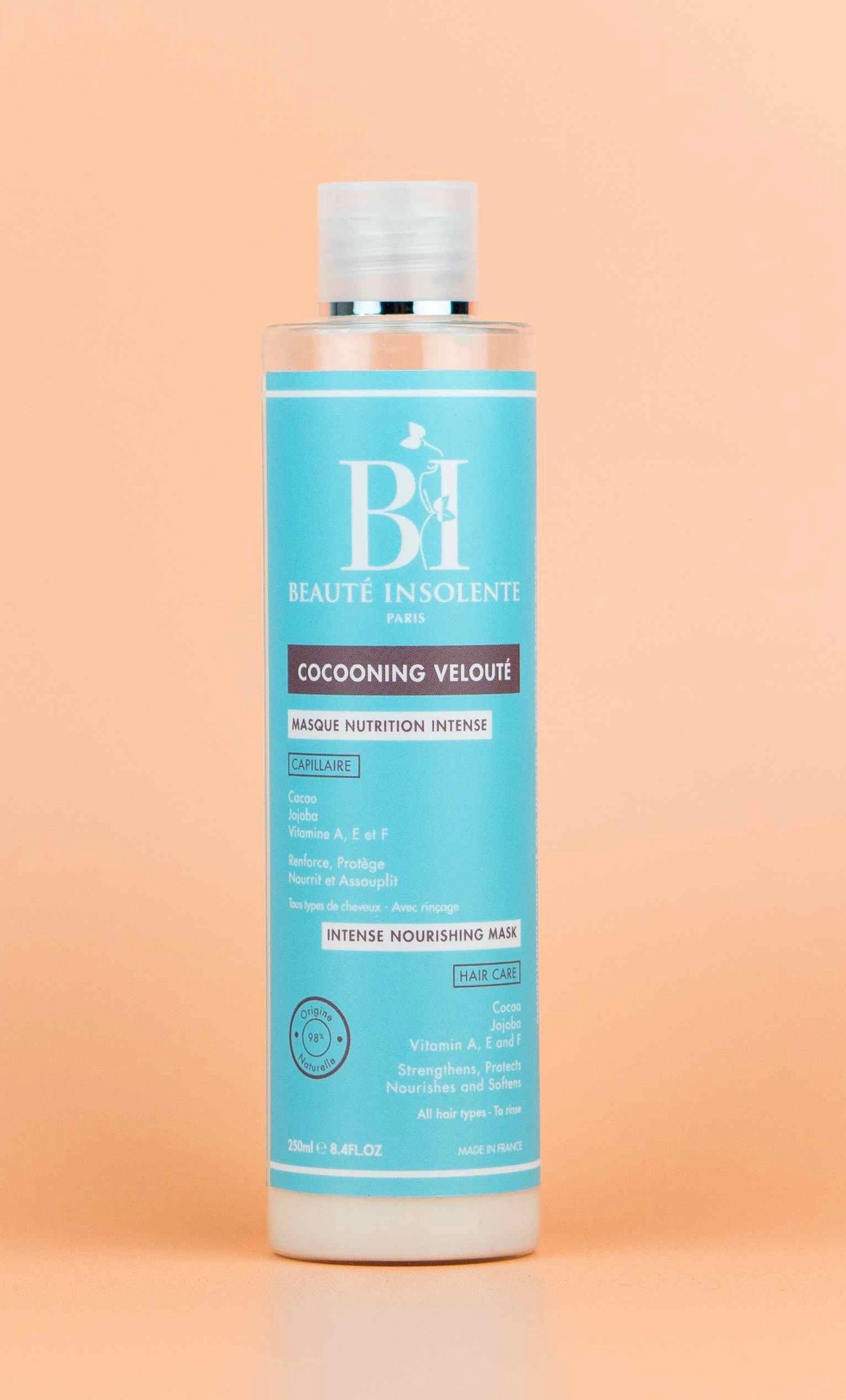 BEAUTÉ INSOLENTE -Masque Nutrition intense -Cocooning -Cacao , Jojoba Vit A,E,F renforce,protège, nourrit et assouplit -79/100 Note Yuka 🥕250ML