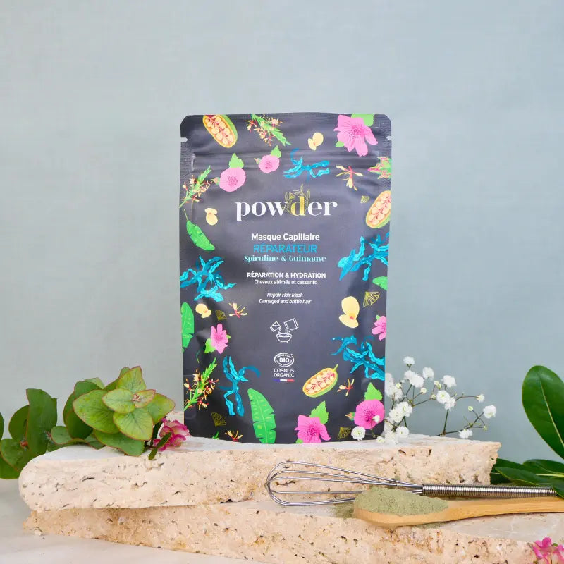 POWDER -Masque Capillaire Reparateur -Spiruline &Guimauve-Un soin profond qui restaure la fibre capillaire, prévient les fourches et redonne douceur et brillance aux cheveux.                     100g Powder