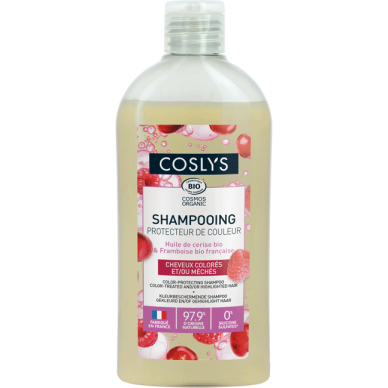 COSLYS -Shampooing protecteur de couleur 
Enrichi en huile de cerise et vinaigre de framboise bio 
Idéal pour les cheveux colorés et méchés
Parfum fruité et gourmand
Sans silicone, sans sulfates  79/100 Note Yuka 🥕250ML