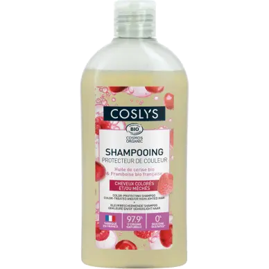 COSLYS -Shampooing protecteur de couleur 
Enrichi en huile de cerise et vinaigre de framboise bio 
Idéal pour les cheveux colorés et méchés
Parfum fruité et gourmand
Sans silicone, sans sulfates  79/100 Note Yuka 🥕250ML COSLYS