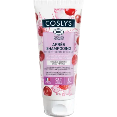 COSLYS -Après~shampooing protecteur de couleur 
Enrichi en huile de cerise et vinaigre de framboise bio 
Idéal pour les cheveux colorés et méchés
Parfum fruité et gourmand
Démêle et facilite le coiffage
Sans silicone, sans sulfates 86/100 Note Yuka🥕200ML COSLYS