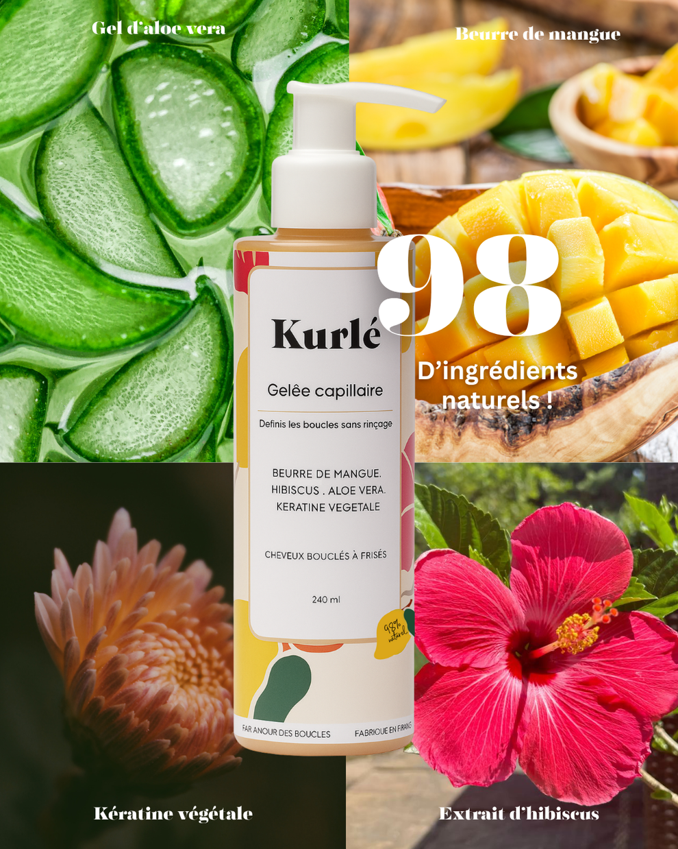 KURLÉ-Gelée définissante Formulé pour cheveux bouclés & frisés
Définit les boucles, sans effet cartonné
Tenue souple des boucles 50/100 Note Yuka 🥕240ML