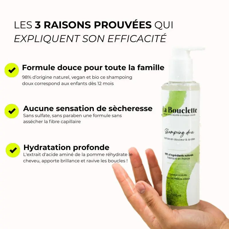 LA BOUCLETTE -Shampoing doux- Nettoie et revitalise les boucles Effet revitalisant, les boucles plus définies
Élimine la sensation de sécheresse après le lavage
offre une hydratation durable
Formulé pour être doux et moussant 86/100 Note Yuka🥕250ML La bouclette