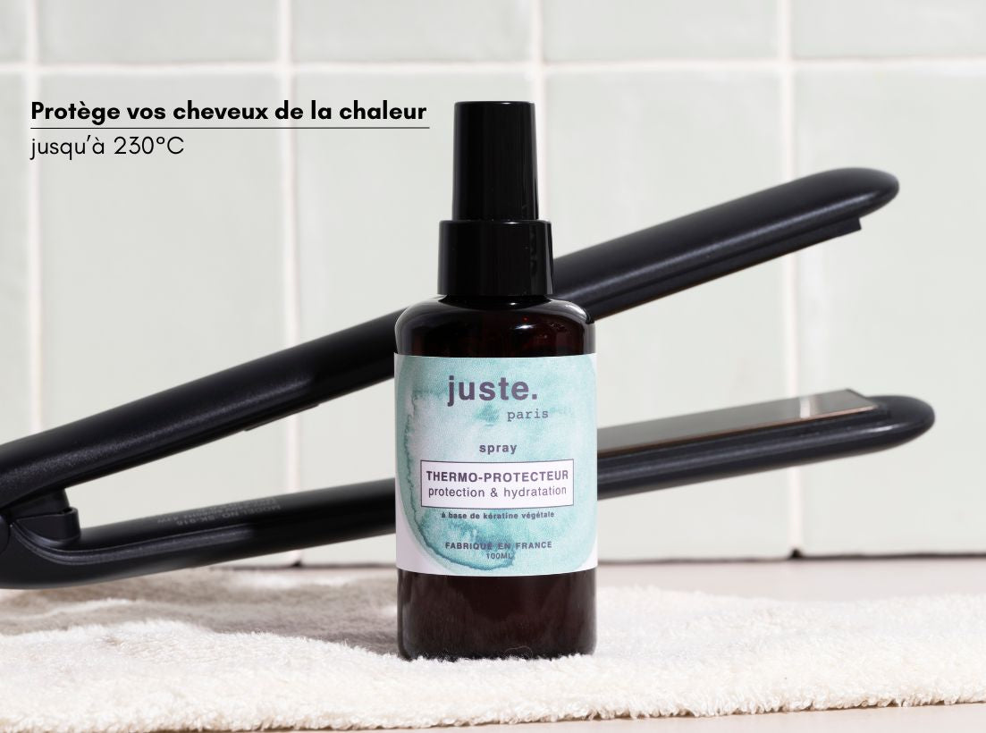 JUSTE .paris Spray thermo protecteur à la kératine végétale , vinaigre de framboise & Aloe Vera  lisseur, sèche cheveux & boucleur  100ML
