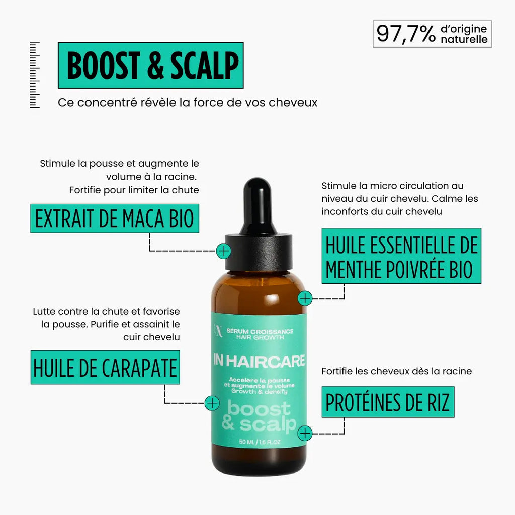INHAIRCARE -Sérum Boost & Scalp 
Ce concentré révèle la force de vos cheveux :
Accélère la pousse des cheveux tout en les renforçant de la racine aux pointes
Détoxifie en profondeur le cuir et le purifie 86/100 Note Yuka🥕50ML INHAIRCARE