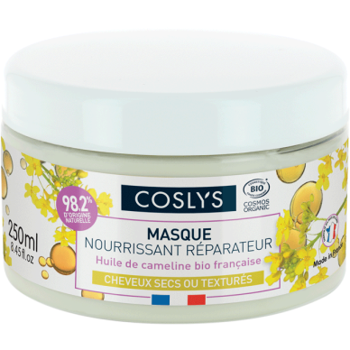 COSLYS -Masque nourrissant 
Enrichi en huile de cameline bio française
Idéal pour les cheveux secs ou texturés
Nourrit et hydrate jusqu'aux pointes
Révèle les boucles
Parfum 100 % d'origine naturelle 86/100 Note Yuka🥕250ML