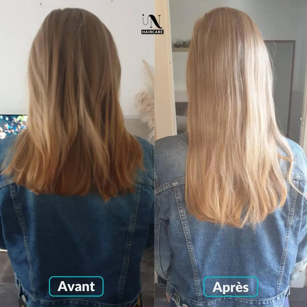 Avant après cheveux avant courts et secs après longs lisses et brillants soin capillaire