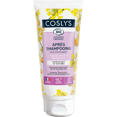 COSLYS -Après-shampooing nourrissant 
Enrichi en huile de cameline bio française
Idéal pour les cheveux secs ou texturés
Nourrit, hydrate et démêle
Révèle les boucles
Parfum 100 % d'origine naturelle
Texture non collante 79/100 Note Yuka 🥕200ML