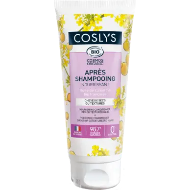 COSLYS -Après-shampooing nourrissant 
Enrichi en huile de cameline bio française
Idéal pour les cheveux secs ou texturés
Nourrit, hydrate et démêle
Révèle les boucles
Parfum 100 % d'origine naturelle
Texture non collante 79/100 Note Yuka 🥕200ML COSLYS