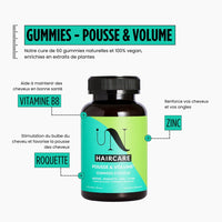 INHAIRCARE -Gummies - Cure pousse de cheveux-Notre cure de 60 gummies goût pomme, naturelles et réduites en sucres, 100% vegan, enrichies en extraits de plantes :
Accélère la pousse de vos cheveux.
Réduis la chute de vos cheveux.
Plus de volume.