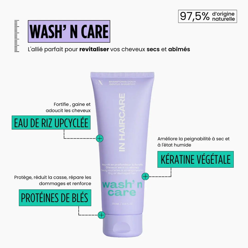 INHAIRCARE -Shampoing doux Wash n'care hydrate, nourrit et fortifie - 250ML INHAIRCARE