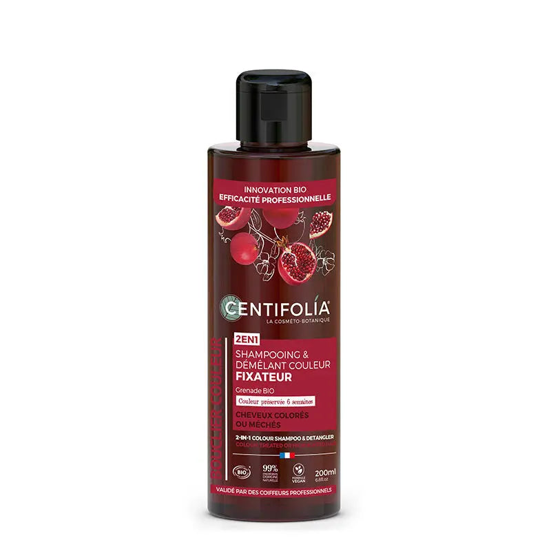 CENTIFOLIA-SHAMPOOING &DÉMELANT -Couleur fixateur 2EN1 Couleur préservée 6 semaines
Actif biomimétique & anti-gaspi
Parfum 100% naturel 
SANS SULFATE*
CHEVEUX COLORES OU MECHES 86/100 Note Yuka🥕200ML Centifolia