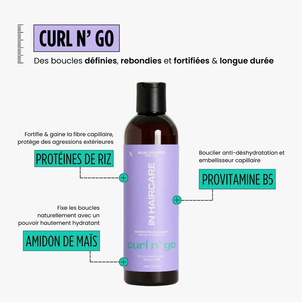 Soin cheveux bouclés INHAIRCARE curl n go avec protéines de riz provitamine B5 et amidon de maïs pour définir les boucles
